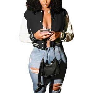 Women's Varsity Jacket Long Sleeve Button Down Bomber Jacket Streetwear Black